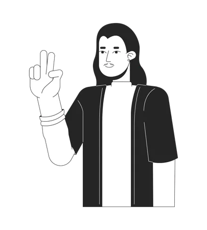 Long haired asian man victory sign  Illustration