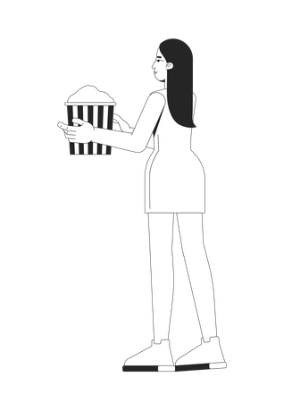 ポップコーンのバケツを運ぶミニドレスを着た長髪のアジア人女性  イラスト