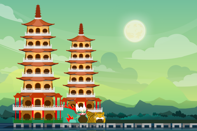 Longhu Pagodas in taiwan Illustration