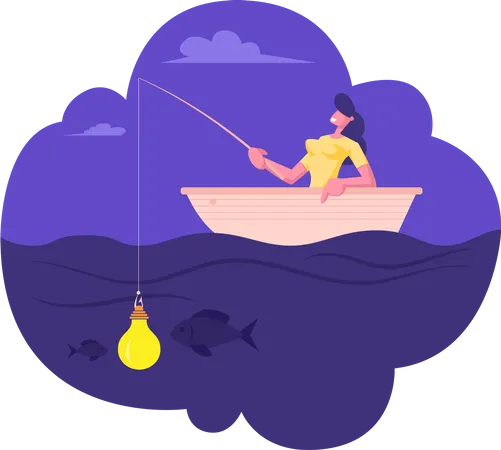 Businesswoman Sitting In Boat With Fishing Rod Catching Fish On Glowing Light Bulb Bait Business Woman Having Lightbulb Instead Of Lure Hanging On Hook Creative Idea Cartoon Flat Vector Illustration Illustration