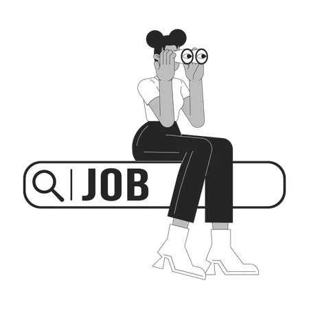 Looking For Job Black And White 2 D Illustration Concept African American Woman With Binoculars On Search Bar Cartoon Outline Character Isolated On White Unemployment Metaphor Monochrome Vector Art Illustration