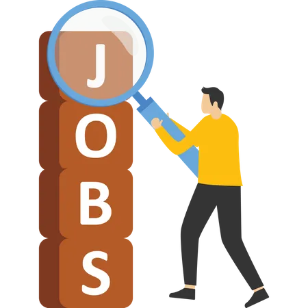 Concept Looking For Job Recruitment Or Opportunity Of Candidate To Find Job And Right Employer Smart Unemployed Entrepreneur Using Magnifying Glass To See Pile Of Boxes With Word Job Illustration