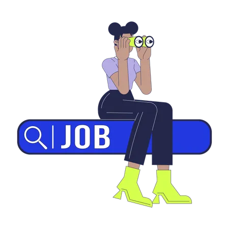 Looking For Job 2 D Linear Illustration Concept African American Woman With Binoculars On Search Bar Cartoon Character Isolated On White Unemployment Metaphor Abstract Flat Vector Outline Graphic Illustration