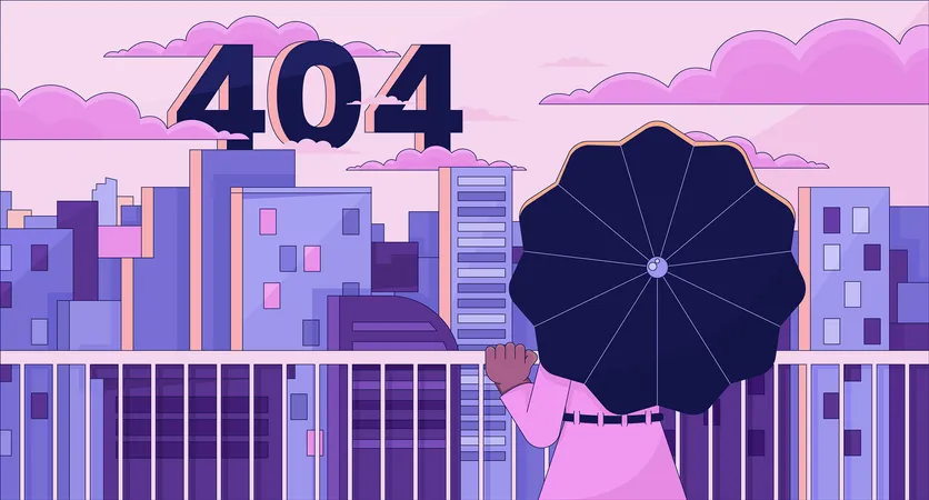 Looking On City From Terrace Error 404 Flash Message Woman Under Umbrella Website Landing Page Ui Design Not Found Cartoon Image Dreamy Vibes Vector Flat Illustration Concept With 90 S Retro Background Illustration