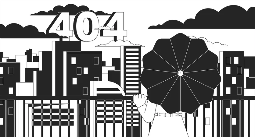 Looking On City From Terrace Black White Error 404 Flash Message Woman Under Umbrella Monochrome Website Landing Page Ui Design Not Found Cartoon Image Dreamy Vibes Vector Flat Outline Illustration Concept Illustration