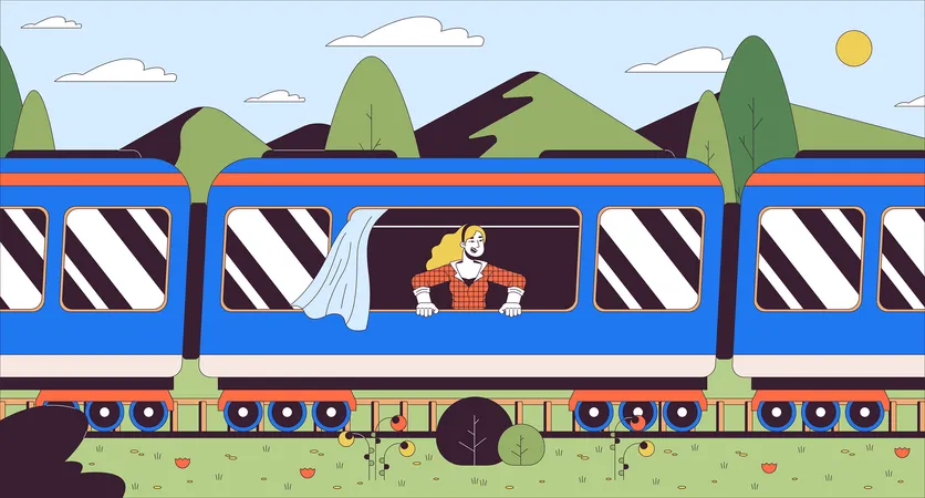Looking Out Of Train Window Cartoon Flat Illustration Excited Woman Traveler 2 D Line Character Colorful Background Railway Passenger Solo Travel Railroad Tourism Scene Vector Storytelling Image Illustration