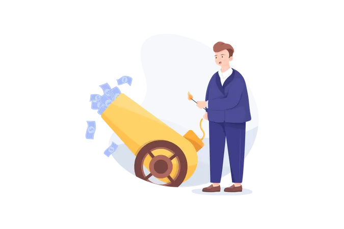The Businessman Is Setting On Fire The Cannon To Fly Money Out Of It Illustration