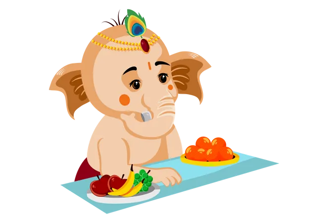 Lord Ganesh is sitting with the laddu and fruit plate  Illustration