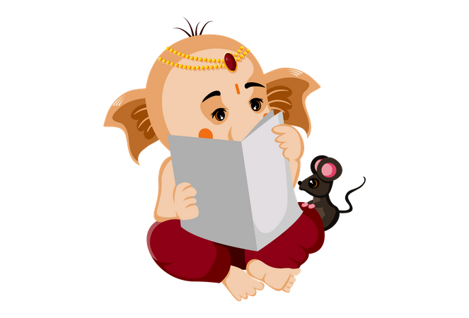 Lord Ganesha lendo livro com mouse  Ilustração