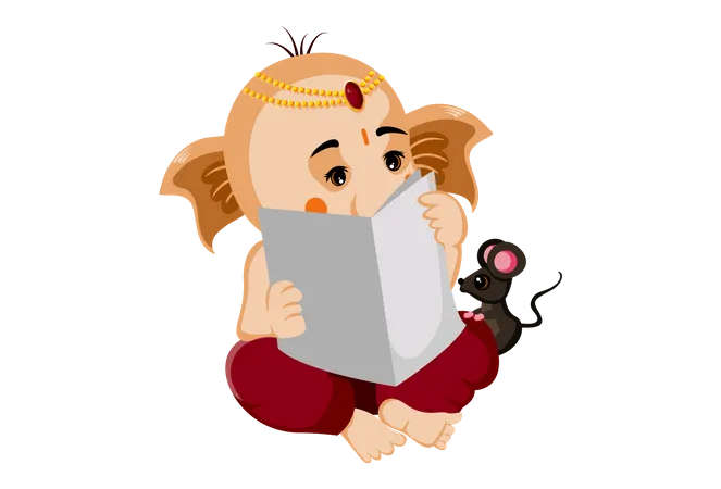 Lord Ganesha liest Buch mit Maus  Illustration