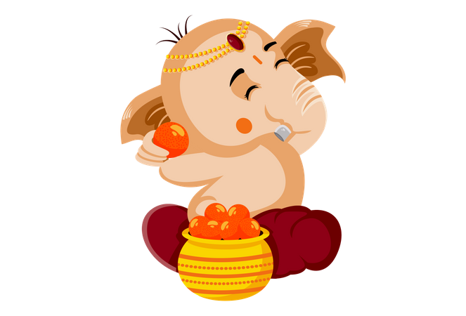 Lord ganesha sentado com um pote de ouro cheio de laddoo  Ilustração