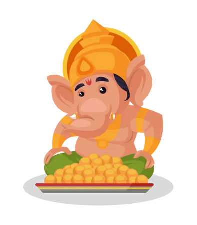 Lord Ganesha sitting next to laddu plate Illustration
