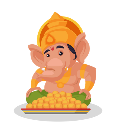 Lord Ganesha sitting next to laddu plate  Illustration