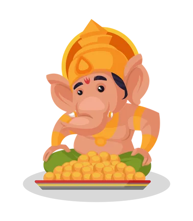 Lord Ganesha sitting next to laddu plate  Illustration