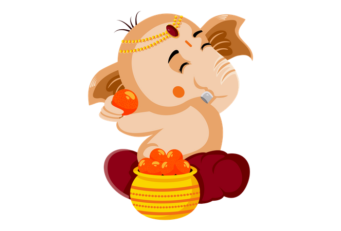 Lord Ganesha sitzt mit einem goldenen Topf, der mit Laddoo gefüllt ist  Illustration