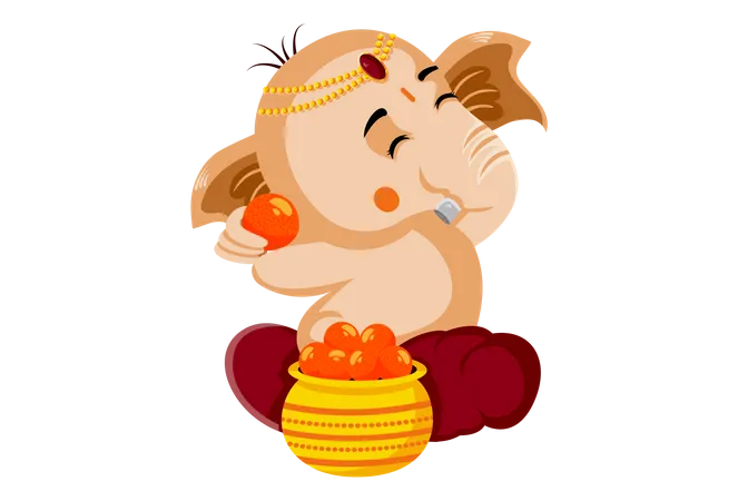 Lord Ganesha sitzt mit einem goldenen Topf, der mit Laddoo gefüllt ist  Illustration