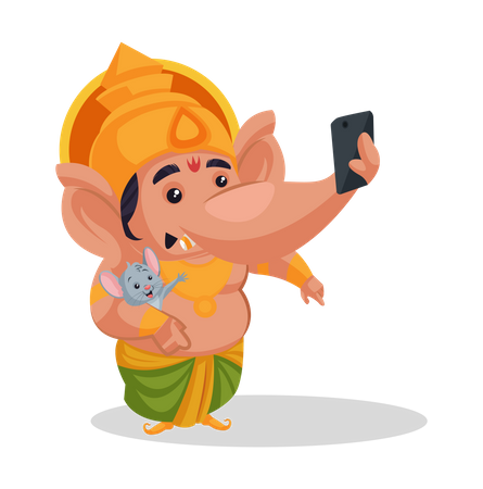 Lord Ganesha taking selfie with his pet  Illustration