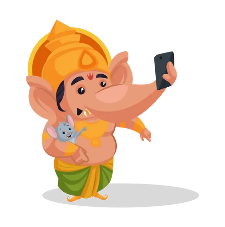 Lord Ganesha taking selfie with his pet  Illustration