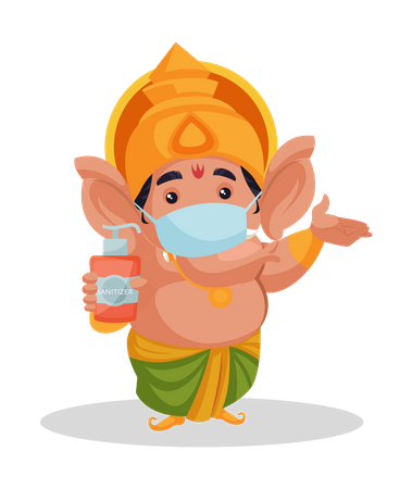 Lord Ganesha usando máscara e segurando desinfetante  Ilustração