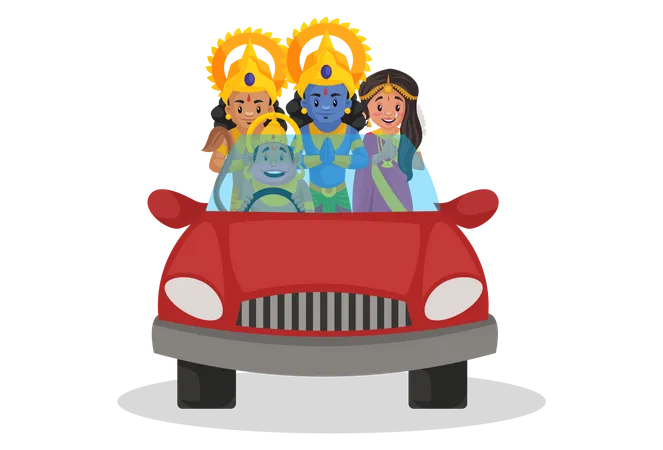 Lord Hanuman im Auto mit Ram, Sita und Lakshmana  Illustration