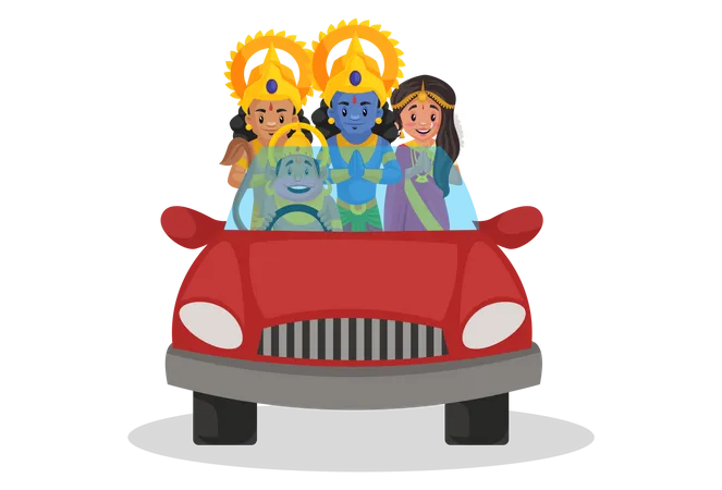 Lord Hanuman riding car with Ram, Sita and Lakshmana Illustration