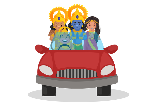 Lord Hanuman riding car with Ram, Sita and Lakshmana Illustration