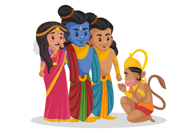 Lord Hanuman taking blessings from Ram and Sita Illustration