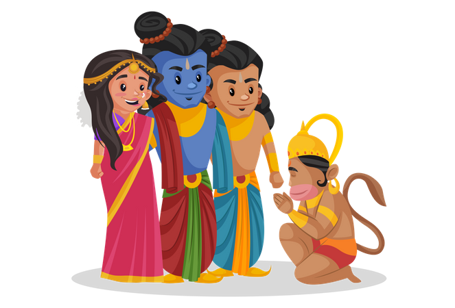 Lord Hanuman taking blessings from Ram and Sita  Illustration