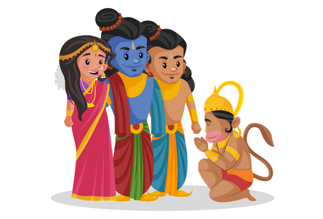 Lord Hanuman taking blessings from Ram and Sita Illustration