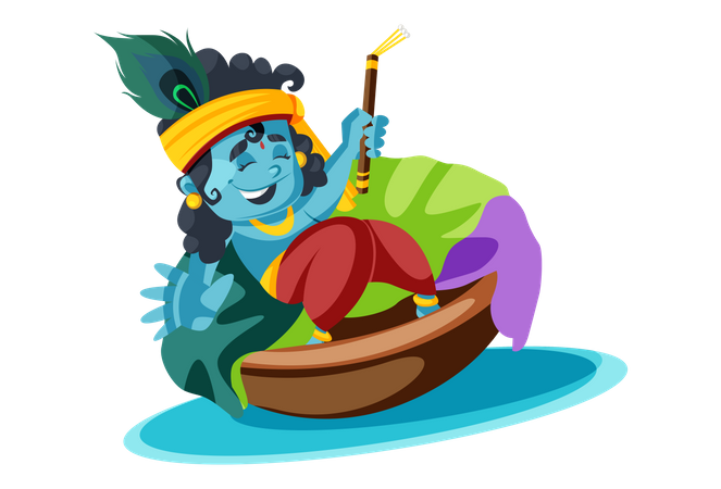 Lord Krishna auf einem Flussboot mit Flöte  Illustration