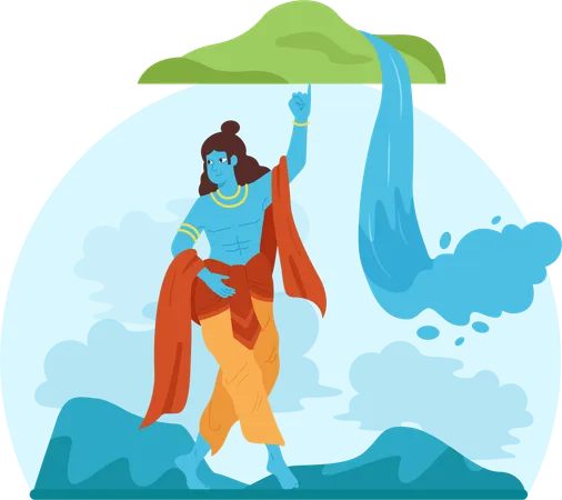 Lord krishna lifting govardhan mountain on pinky finger  Illustration