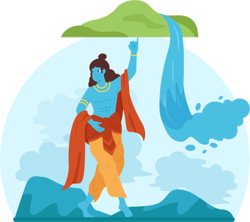 Lord krishna lifting govardhan mountain on pinky finger  Illustration