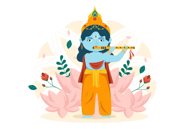 Happy Krishna Janmashtami Festival Of India With Bansuri And Flute Dahi Handi And Peacock Feather In Flat Cute Cartoon Background Illustration Illustration