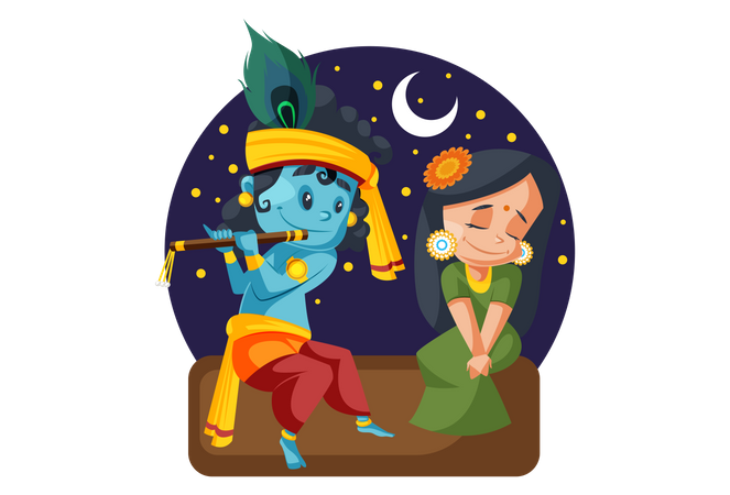 Lord Krishna Playing flute with Radhe at night  Illustration