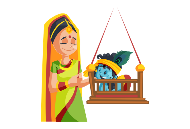 Lord Krishna Playing with his Mother on Swing  Illustration