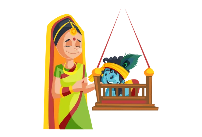 Lord Krishna Playing with his Mother on Swing  Illustration