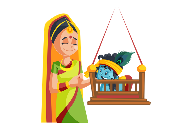 Lord Krishna Playing with his Mother on Swing  Illustration