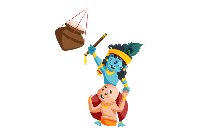 Lord Krishna Stealing Butter from hanging pot with Brother Balram  Illustration