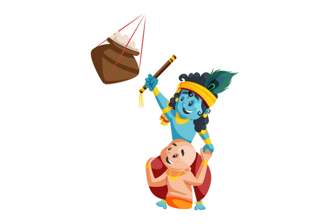 Lord Krishna Stealing Butter from hanging pot with Brother Balram  Illustration