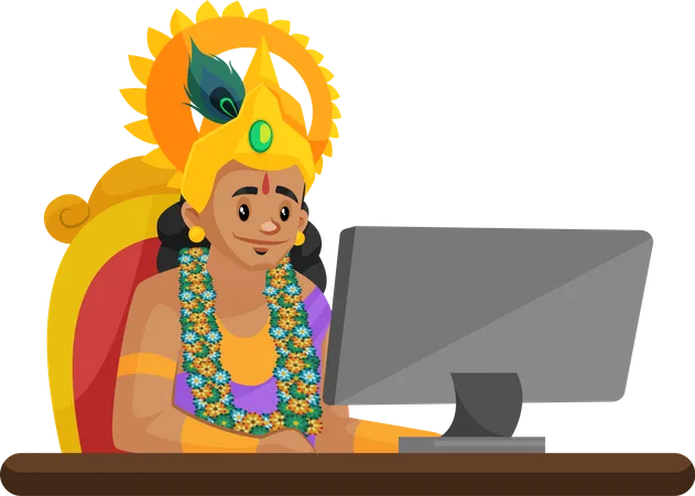 Lord Krishna working on laptop  Illustration