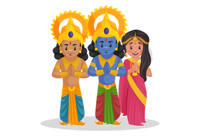 Lord Ram mit Lakshmana und Göttin Sita stehen in indischer Begrüßungspose  Illustration