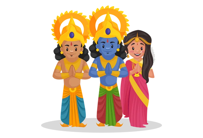 Lord Ram mit Lakshmana und Göttin Sita stehen in indischer Begrüßungspose  Illustration