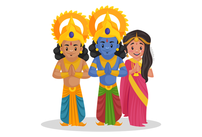 Lord Ram with Lakshmana and Goddesses Sita standing in Indian greeting pose  Illustration