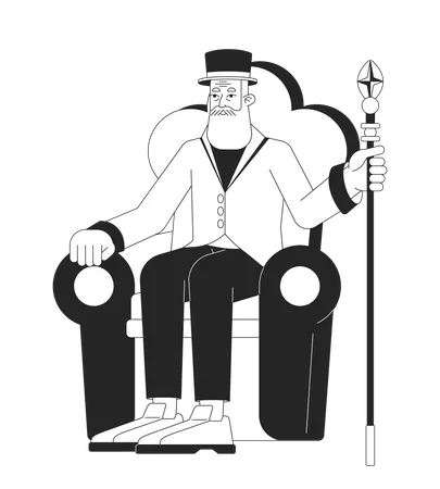 Lord Sitting In Chair Flat Line Black White Vector Character Editable Outline Full Body Rich Person Holding Wizard Staff Simple Cartoon Isolated Spot Illustration For Web Graphic Design Illustration