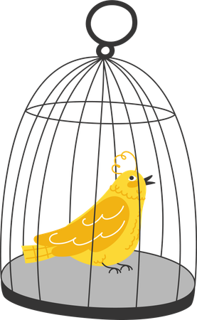 Loro amarillo dentro de una jaula de alambre moderna  Ilustración