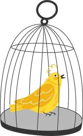 Loro amarillo dentro de una jaula de alambre moderna  Ilustración