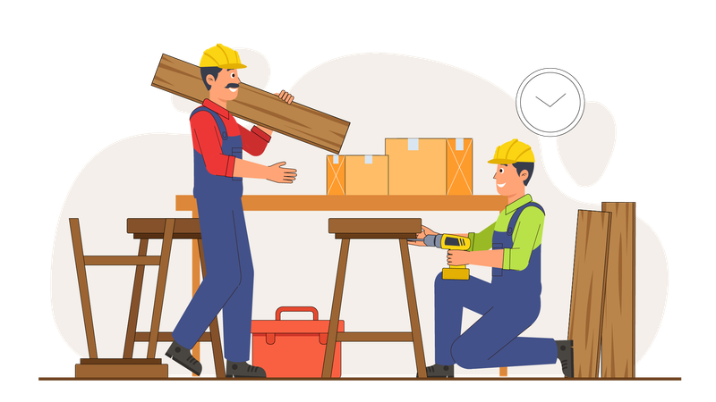 Los carpinteros construyen una nueva mesa  Ilustración