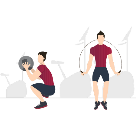 Los chicos están haciendo ejercicio en el gimnasio.  Ilustración