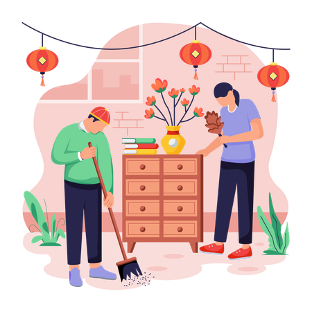 Los chinos haciendo limpieza del hogar  Ilustración