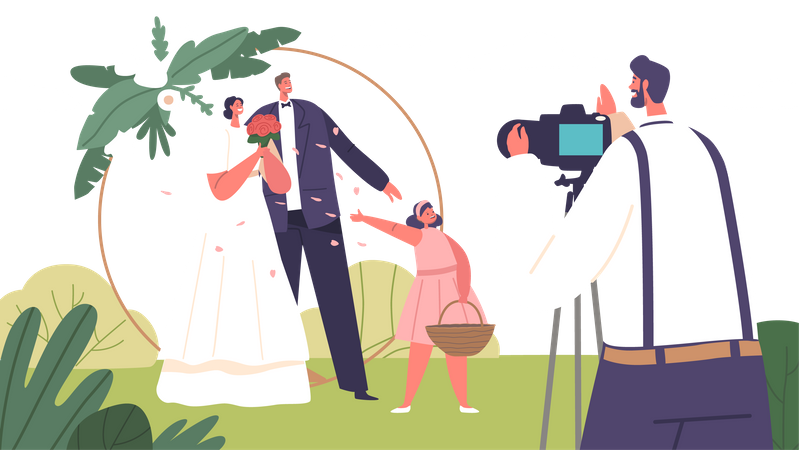 Los dichosos personajes de la novia y el novio adoptan poses elegantes  Ilustración